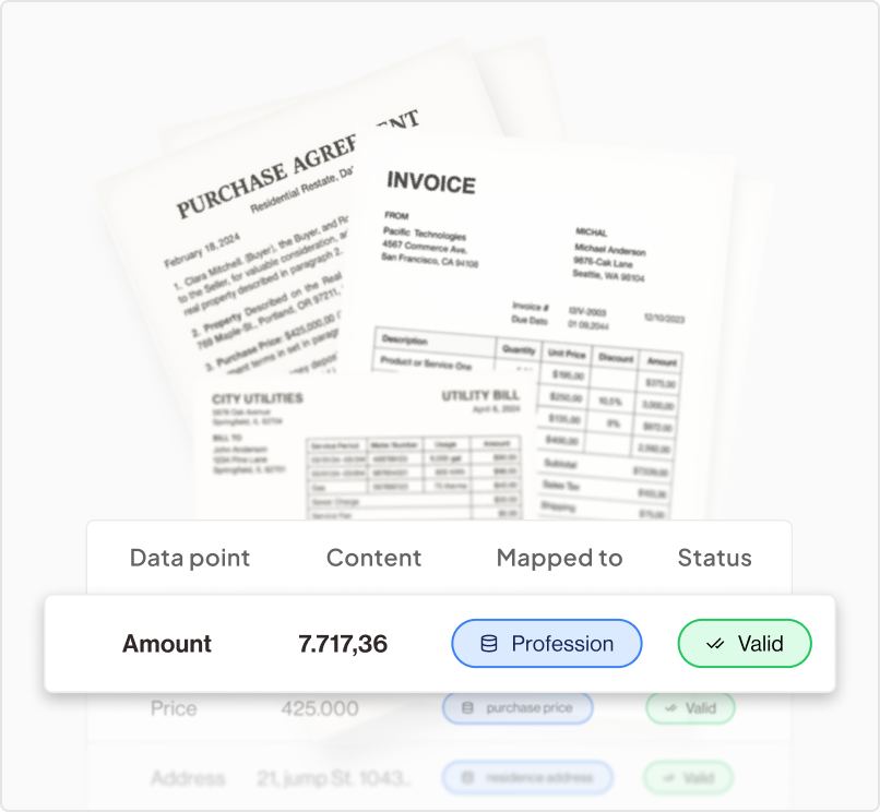 Document collection showing purchase agreement, invoice, and utility bill with extracted data